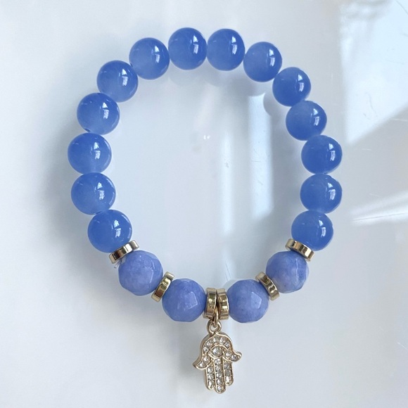 Blue Agate & Blue Chalcedony Stretch Bracelet w/Gold Pave Rhinestone Hamsa Charm - Picture 1 of 8